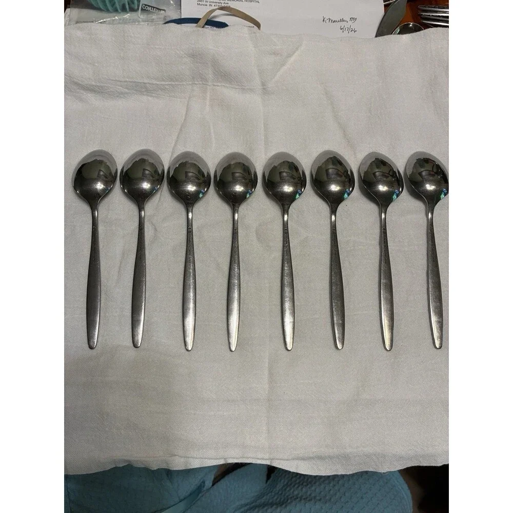 HF Hanford Forge RUTGERS Stainless Flatware  TEASPOONS Lot Of 8 Japan MCM